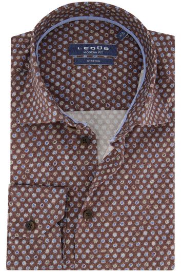 Ledub overhemd modern fit bruin geprint katoen