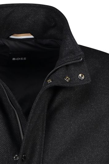 Hugo Boss winterjas zwart effen rits + knoop normale fit wol