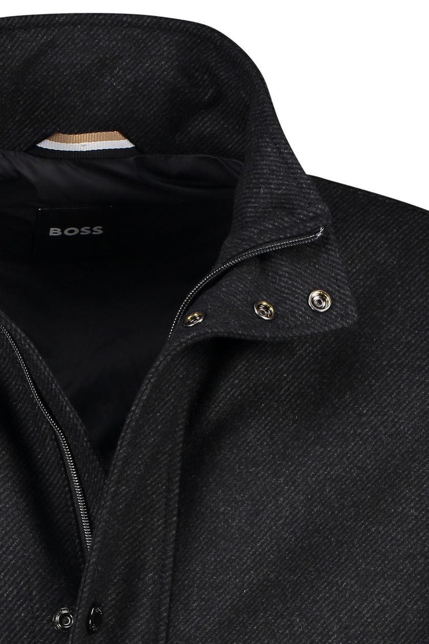 Hugo Boss winterjas zwart uni rits + knoop normale fit wol