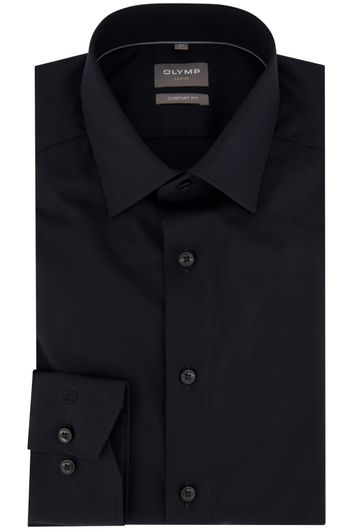 Olymp business overhemd Luxor Comfort Fit wijde fit zwart effen katoen semi-wide spread boord