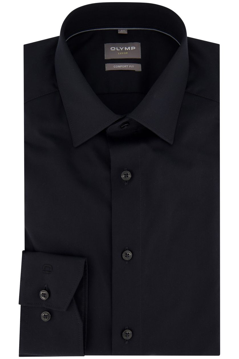 Olymp business overhemd Luxor Comfort Fit wijde fit zwart effen semi-wide spread boord