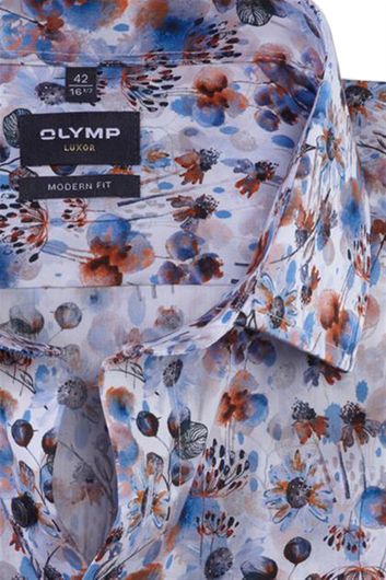Olymp overhemd paars geprint korte mouw modern fit katoen