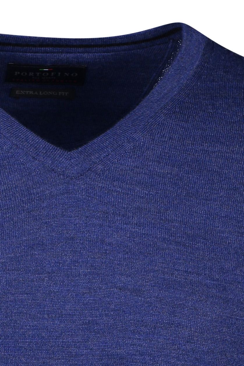 Portofino blauwe v-hals trui extra long wol