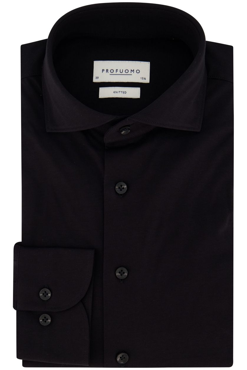 Profuomo zakelijk knitted overhemd normale fit zwart effen katoen