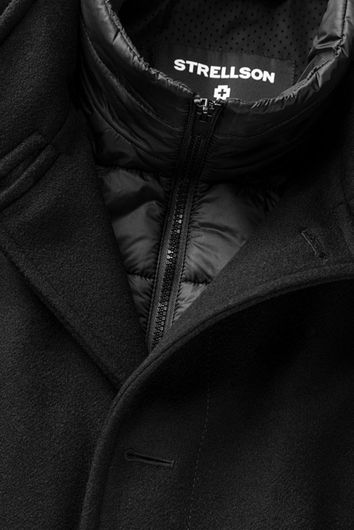 Strellson winterjas Finlay zwart effen rits + knoop normale fit wol-stretch