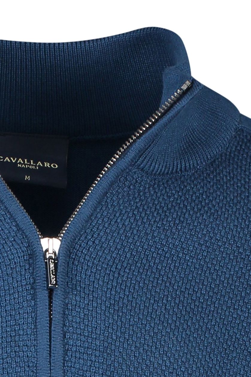 Cavallaro trui opstaande kraag met rits blauw effen wol en katoen