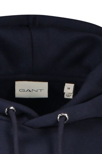 Gant sweater donkerblauw effen katoen met opdruk en buidelzak