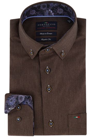Portofino casual overhemd wijde fit bruin effen katoen