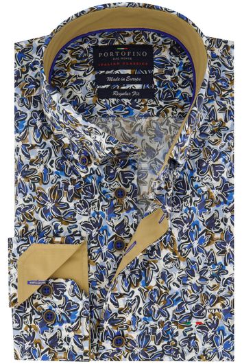 Portofino casual overhemd wijde fit blauw geprint katoen