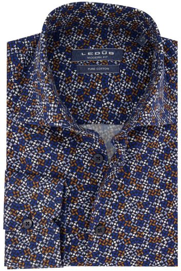 Ledub overhemd Modern Fit donkerblauw geprint katoen