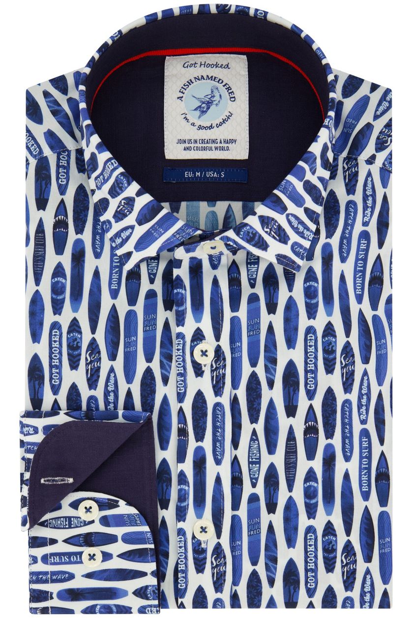 Katoenen A Fish Named Fred overhemd slim fit wit blauw geprint