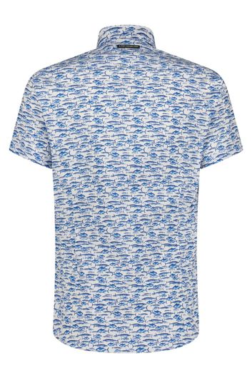 A Fish Named Fred casual overhemd korte mouw slim fit blauw geprint