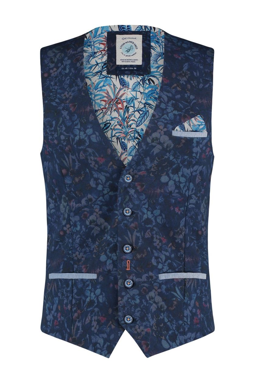 Katoenen A Fish Named Fred gilet donkerblauw geprint slim fit 