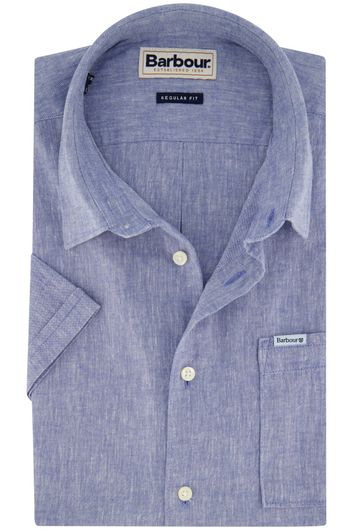 Barbour blauw gemêleerd overhemd regular fit linnen korte mouw