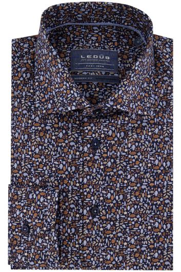 Blauw bruin geprint Ledub overhemd mouwlengte 7 Modern Fit New katoen