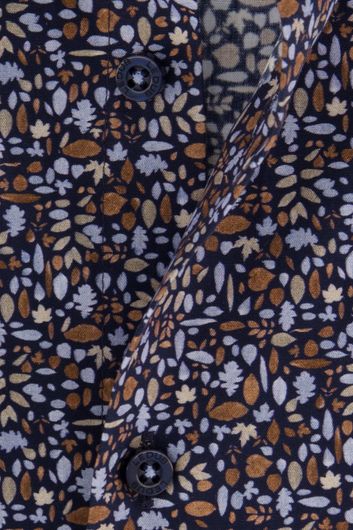 Blauw bruin geprint Ledub overhemd mouwlengte 7 Modern Fit New katoen