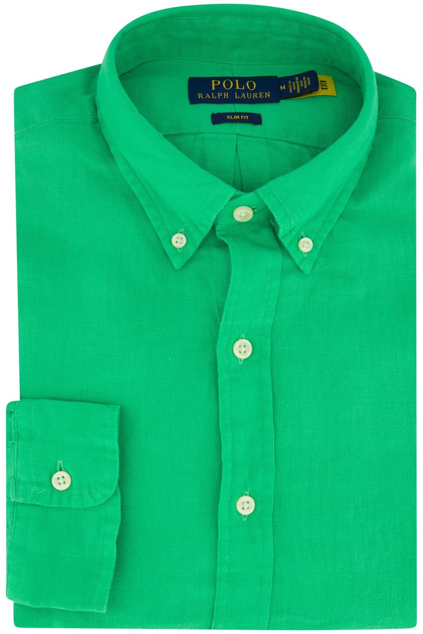 Linnen Polo Ralph Lauren casual overhemd slim fit effen groen