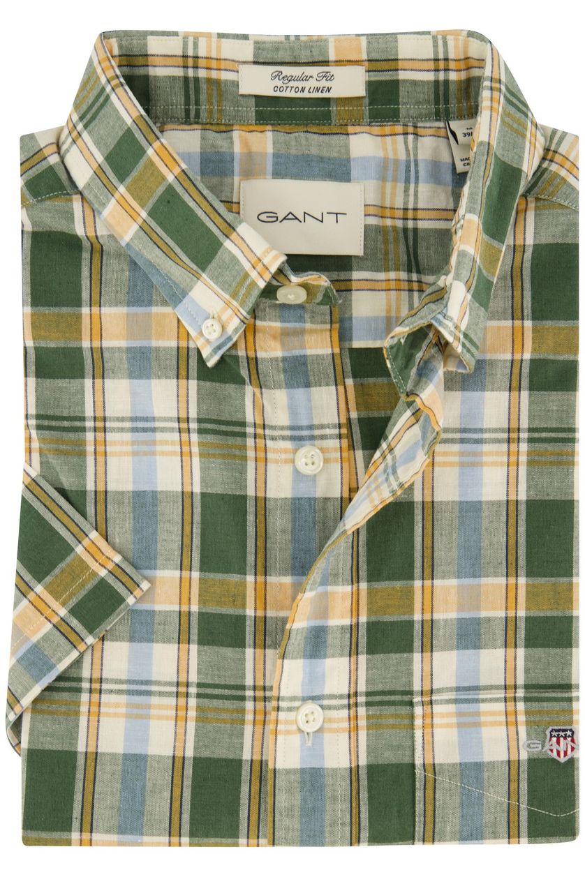 Gant casual overhemd korte mouw regular fit groen geel wit blauw geruit katoen