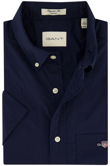 Gant overhemd korte mouw effen donkerblauw normale fit katoen