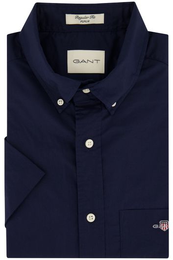 Gant casual overhemd korte mouw normale fit donkerblauw effen katoen
