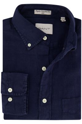 Gant Gant casual overhemd normale fit donkerblauw effen linnen