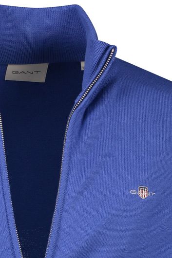 Gant vest blauw rits effen katoen opstaande kraag met logo