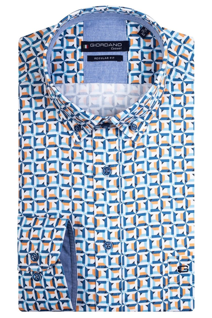 Giordano casual overhemd wijde fit blauw geprint katoen enkele borstzak