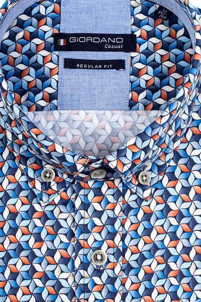 Giordano casual overhemd wijde fit blauw geprint katoen met borstzak