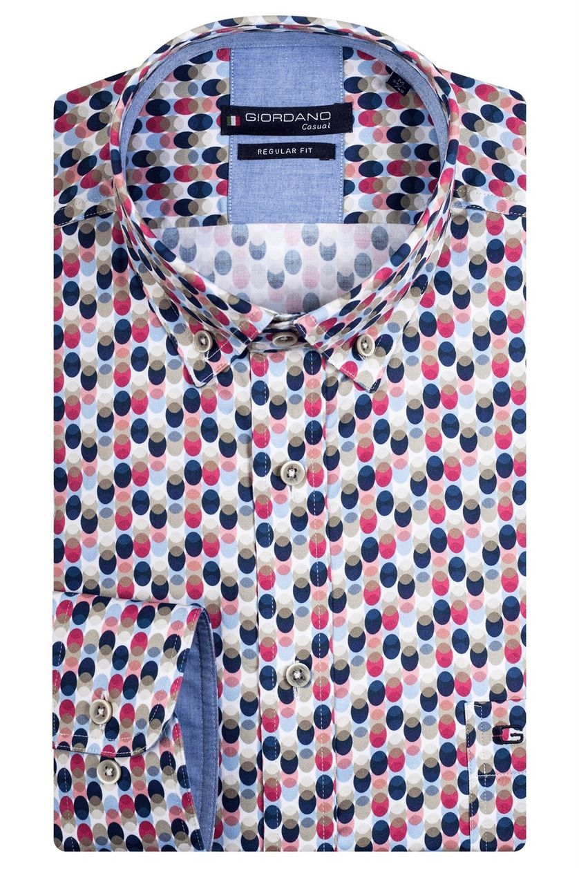 Giordano casual overhemd wijde fit roze blauw geprint katoen button-down boord