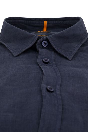 Hugo Boss casual overhemd regular fit donkerblauw linnen borstzak