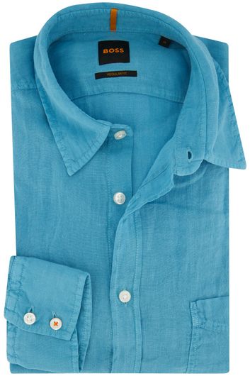 Hugo Boss casual overhemd normale fit blauw effen linnen