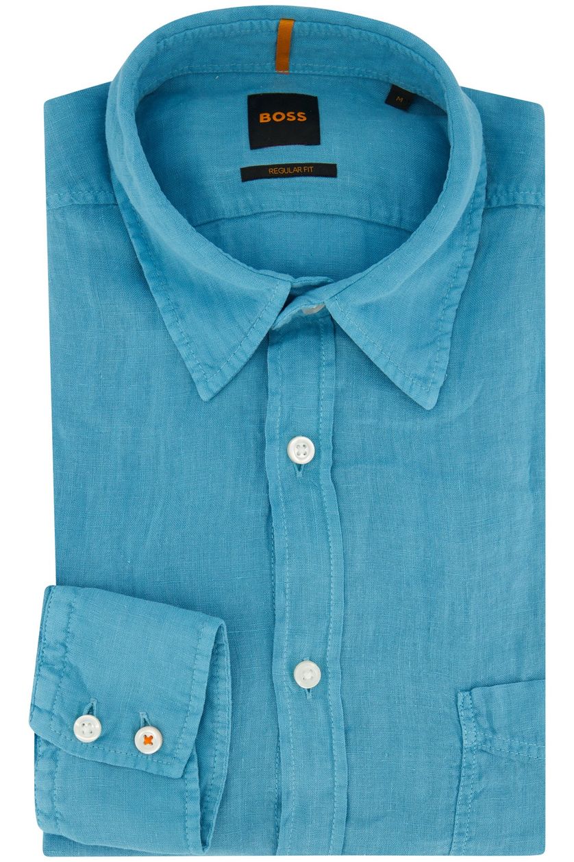 Regular fit blauw Hugo Boss casual overhemd linnen