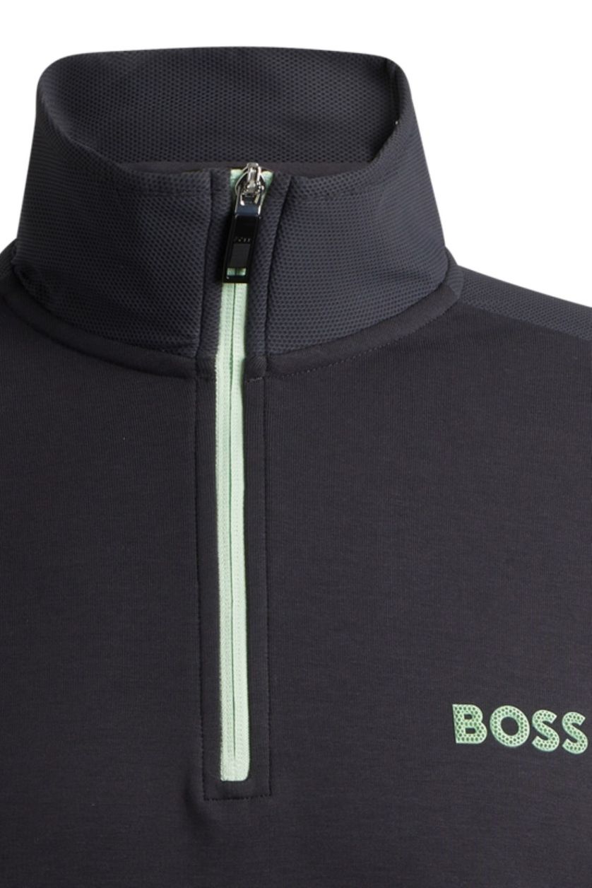 katoenen Boss green sweater half zip effen zwart