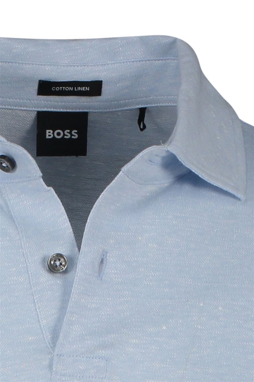 Boss linnen polo Press 56 lichtblauw korte mouw