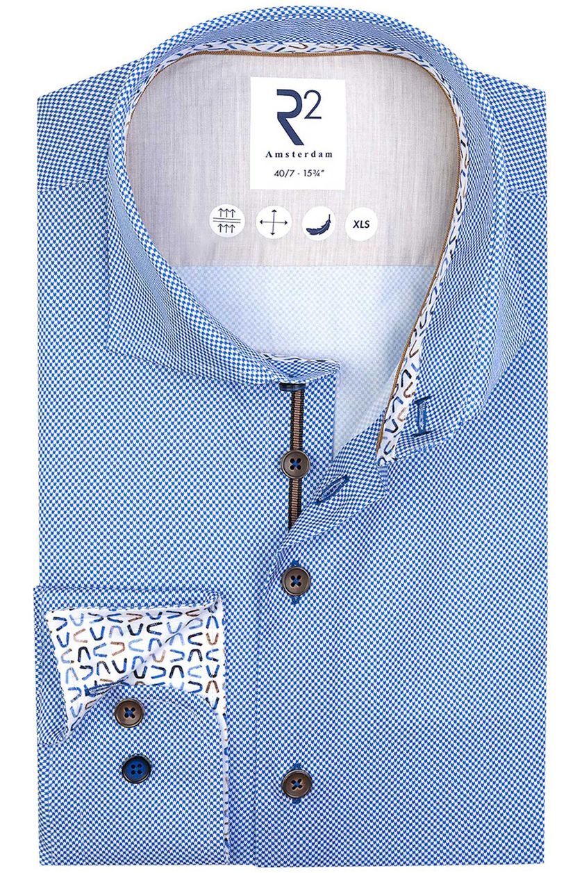 R2 overhemd mouwlengte 7 slim fit blauw katoen