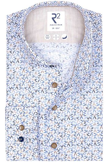 katoenen R2 overhemd mouwlengte 7 slim fit blauw geprint
