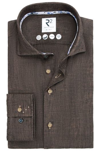 R2 modern fit overhemd bruin linnen mouwlengte 7 gemêleerd