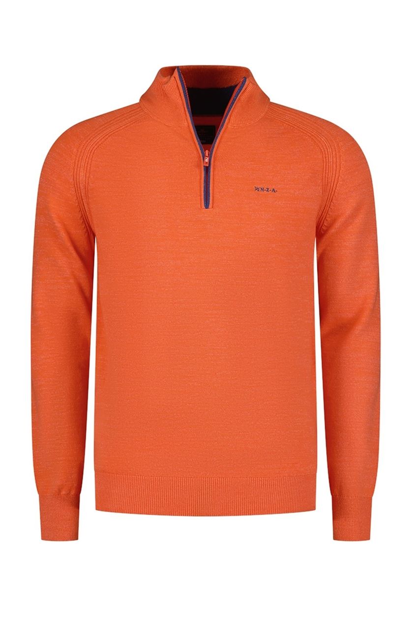katoenen New Zealand sweater half zip oranje effen