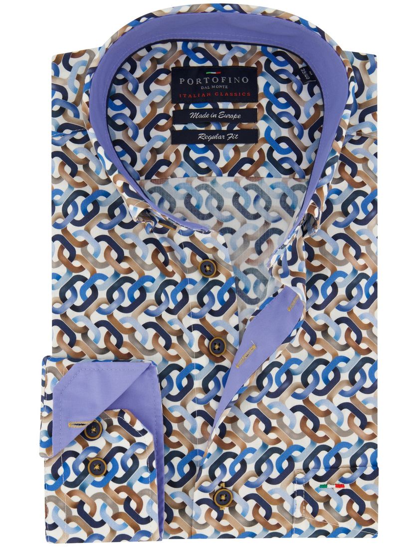 katoenen Portofino casual overhemd blauw geprint wijde fit