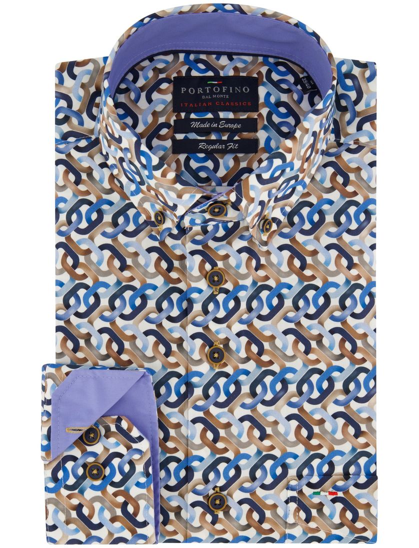 katoenen Portofino casual overhemd blauw geprint wijde fit