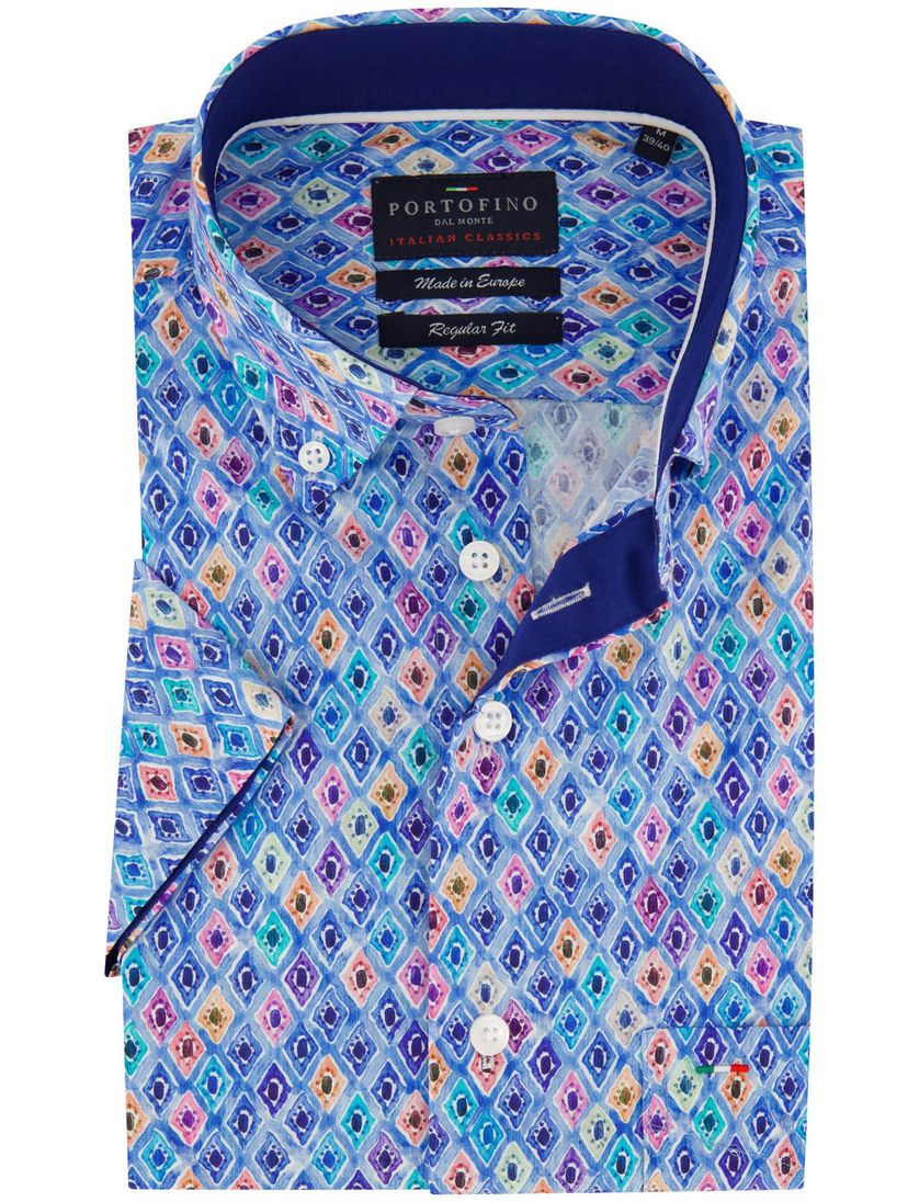 katoenen Portofino overhemd blauw geprint korte mouw