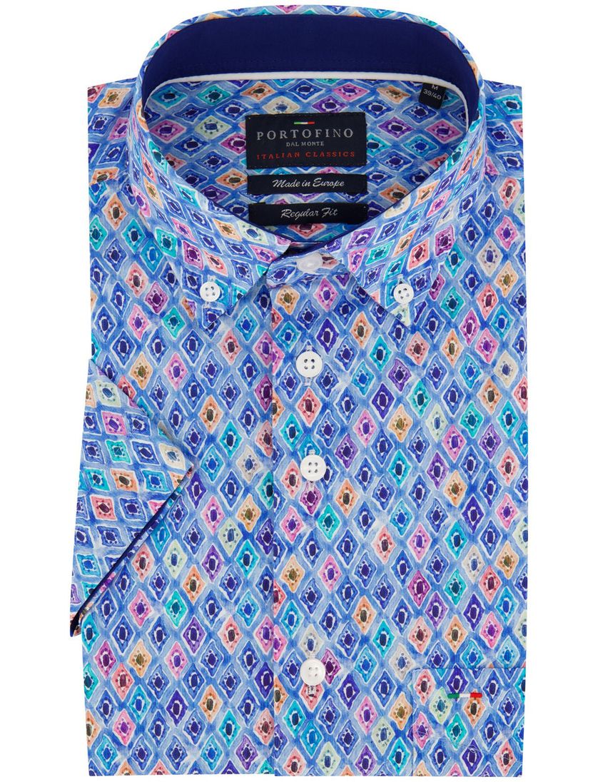 katoenen Portofino overhemd blauw geprint korte mouw