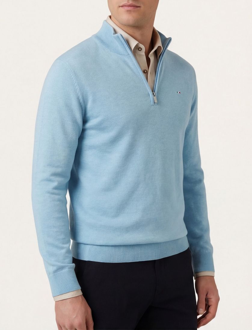 Half zip lichtblauw Portofino trui katoen