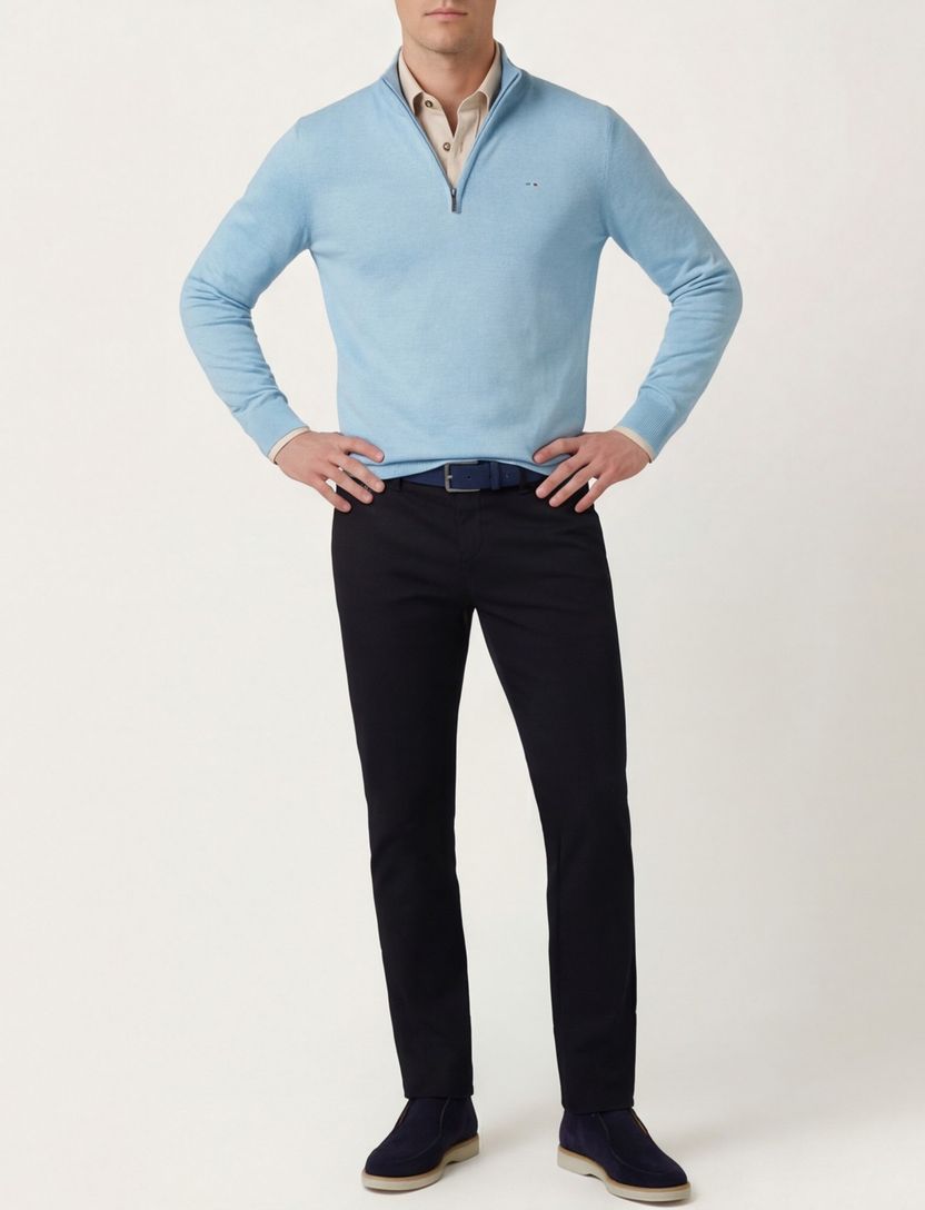 Half zip lichtblauw Portofino trui katoen