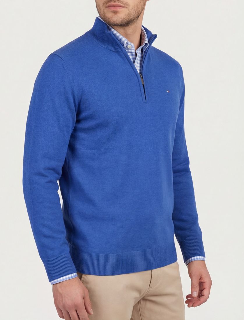 Katoenen Portofino trui blauw half zip