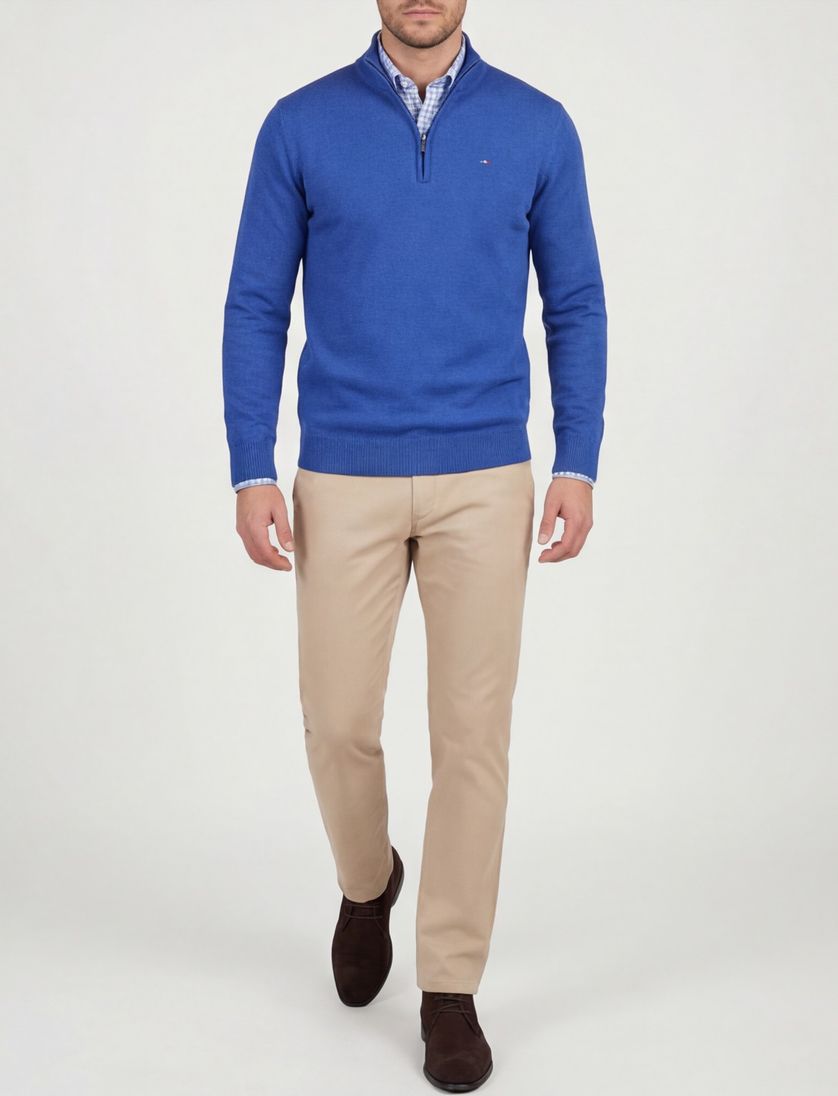 Katoenen Portofino trui blauw half zip