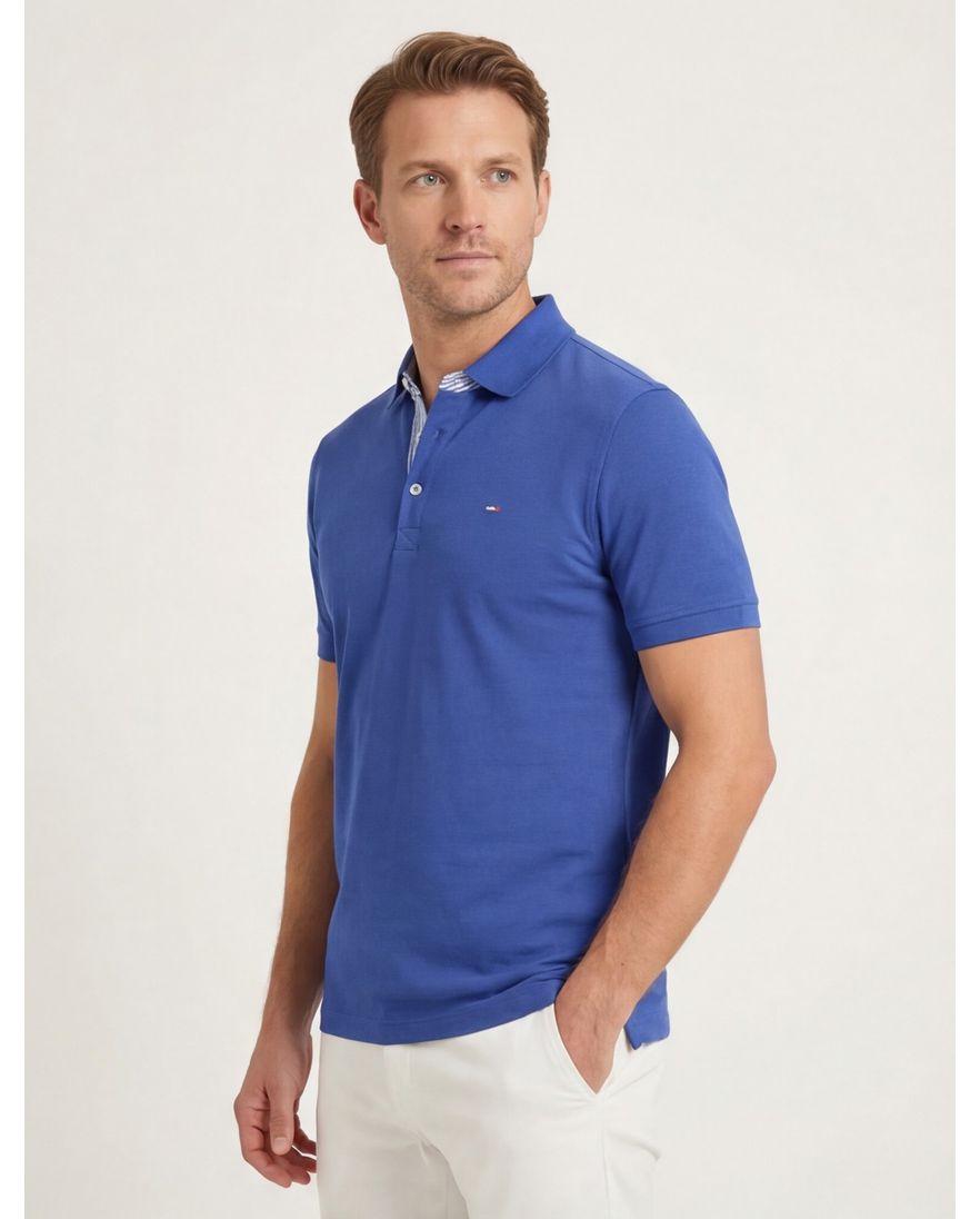 Blauw Portofino poloshirt 3-knoops korte mouw katoen