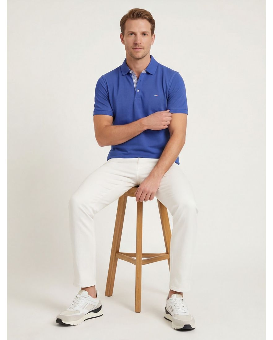 Blauw Portofino poloshirt 3-knoops korte mouw katoen