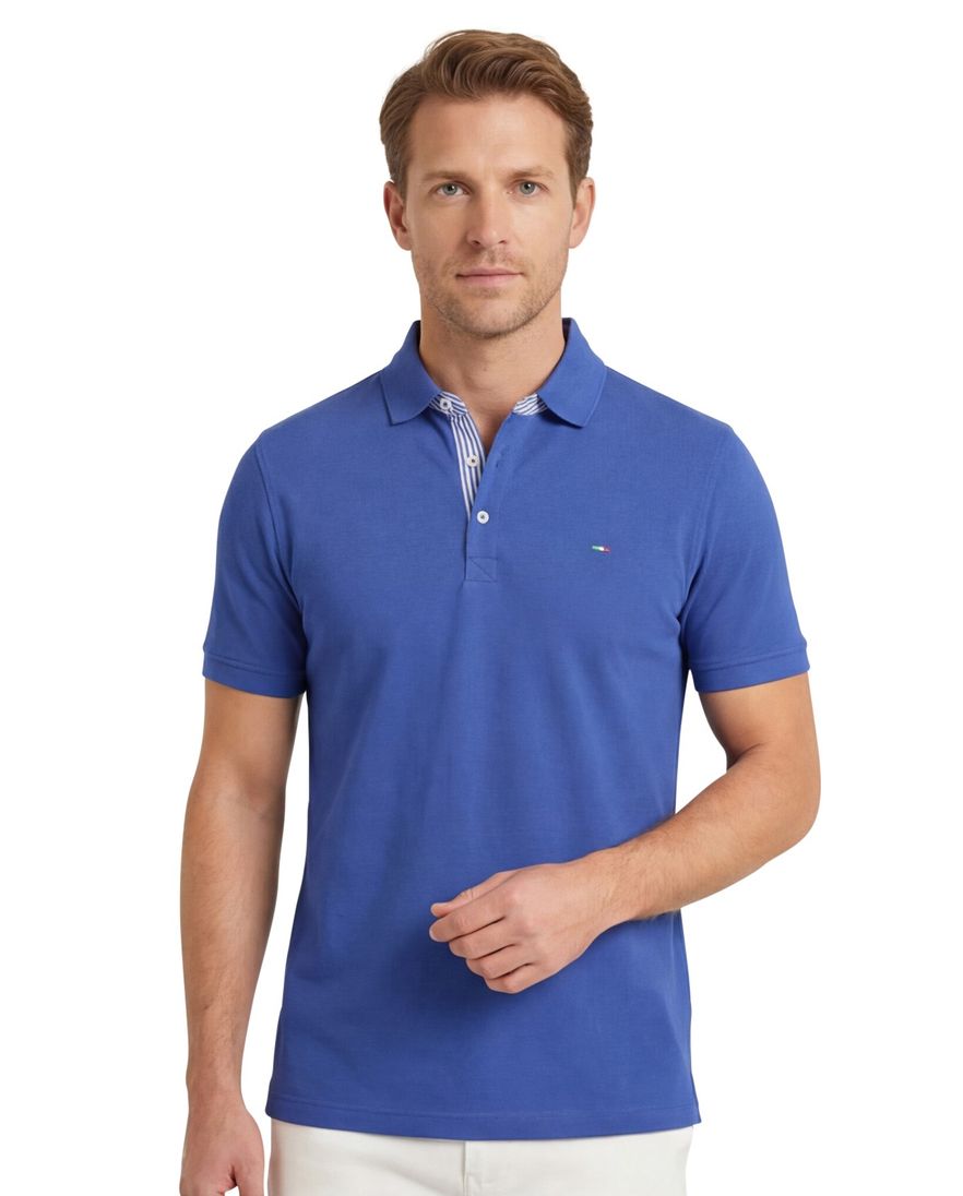 Blauw Portofino poloshirt 3-knoops korte mouw katoen