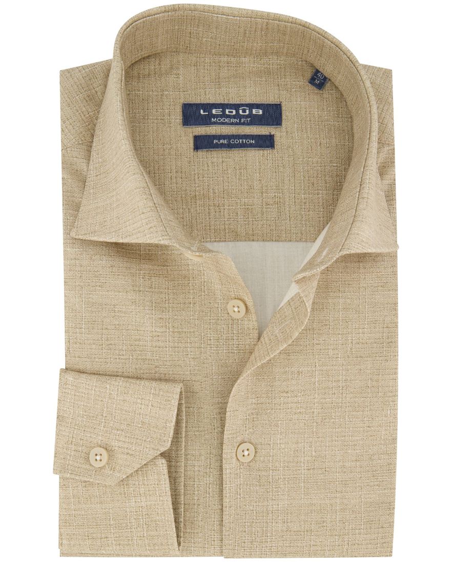Beige gemêleerd Ledub overhemd Modern Fit katoen